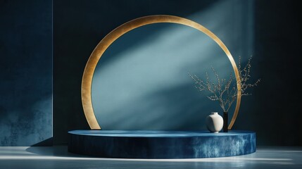 Empty blue pedestal display, gold circle,  sunlight,  modern, aesthetic, background