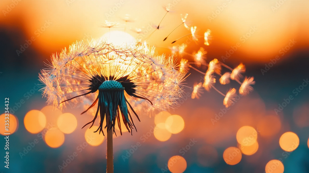 Poster stunning close up of dandelion seed head illuminated by warm sunlight, creating magical atmosphere a