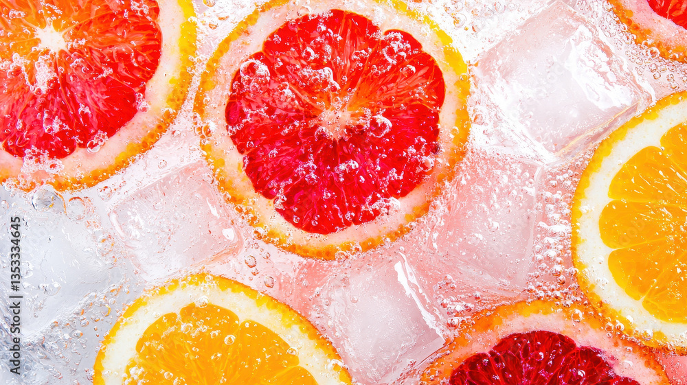 Poster fresh citrus slices in vibrant colors are beautifully arranged with ice cubes, creating refreshing a