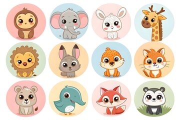 Set of Cute Cartoon Animal Faces in Round Icons for Kids