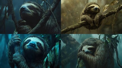 Four sloths in rainforest, clinging to branches, different poses and lighting.