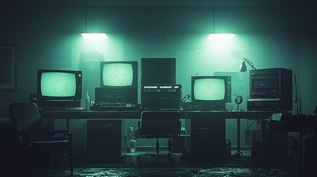 Retro computer lab with CRT monitors, dusty, dimly lit.
