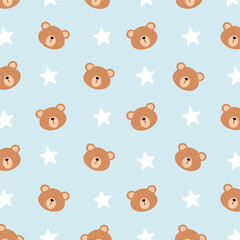 Naklejka premium Bear seamless pattern with star and blue background. Cute animal cartoon. Ideal for children wallpaper, fabric prints and paper wrapping