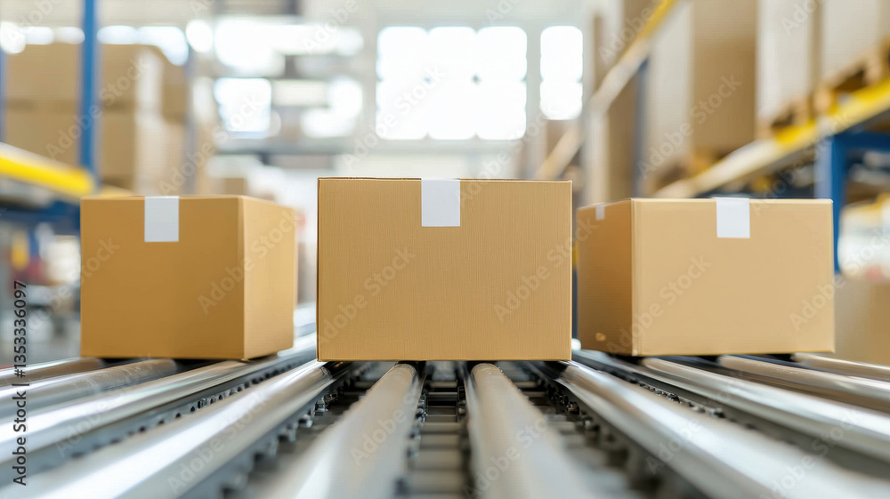 Poster efficiently arranged cardboard boxes on conveyor belt in warehouse setting create sense of order and