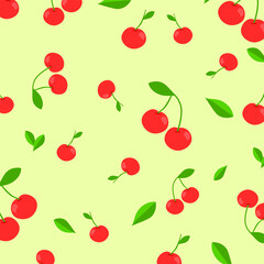 Cherry seamless pattern with green background. High quality fruit cartoon