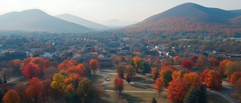 A scenic overview of a small town nestled within rolling hills - Powered by Adobe