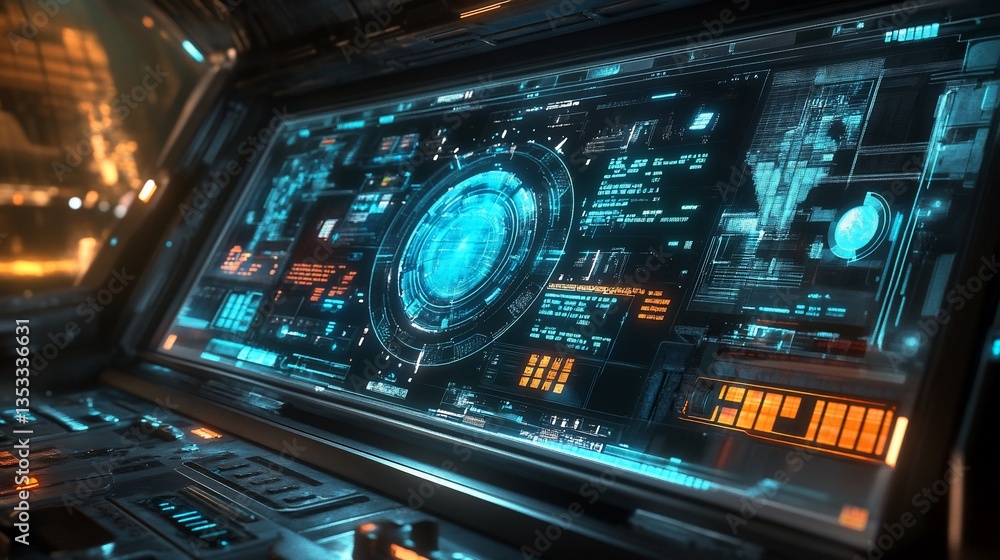 Poster futuristic control panel interface with glowing display screens