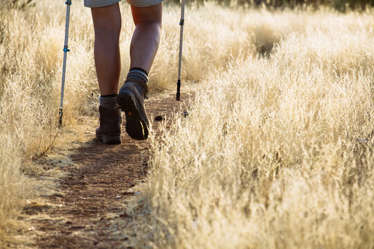 A hikers legs and boots walking along a dry grass lined trail in Central Australia.