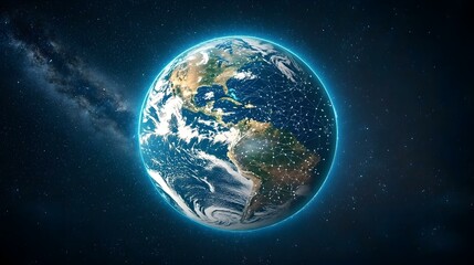 The image shows a detailed rendering of planet Earth, centered on the Americas, set against a backdrop of stars and the Milky Way.  A network of glowing lines connects various points across the surfa