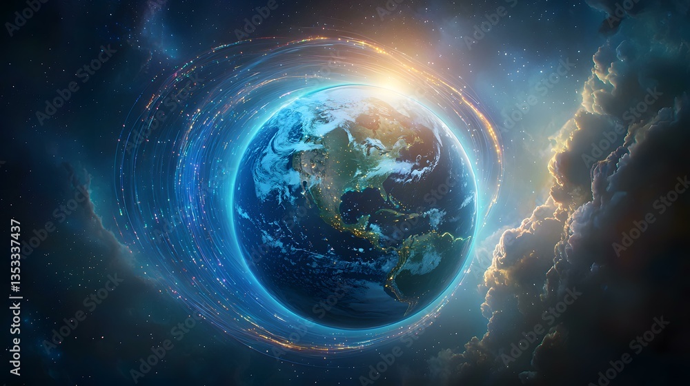 Aufkleber the image shows a digitally enhanced view of planet earth centered in the frame, encircled by glowin