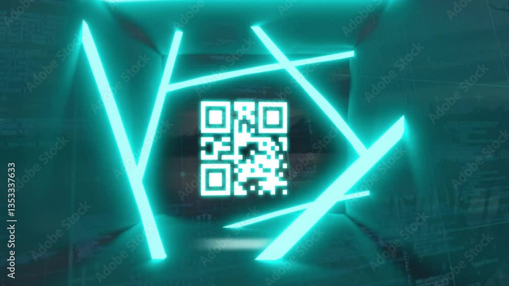 Aufkleber glowing qr code with intersecting neon blue lines creating animation in dark space
