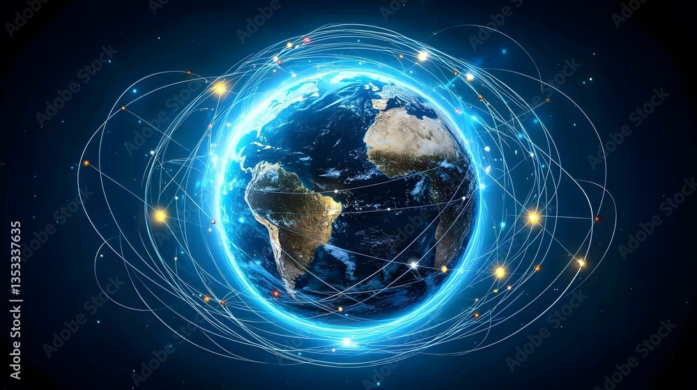 Poster the image shows a digitally enhanced view of planet earth, encircled by glowing blue lines that repr
