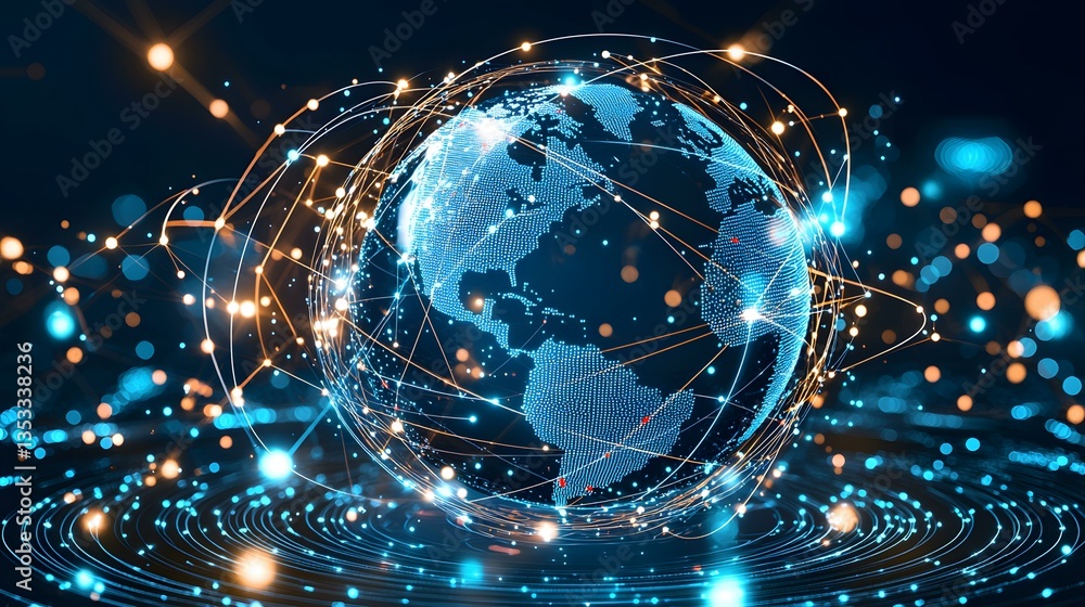 Poster a digital rendering of a glowing earth, encased in a network of interconnected lines and nodes, repr