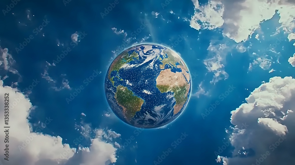Poster the image shows a detailed rendering of planet earth set against a backdrop of fluffy white clouds a