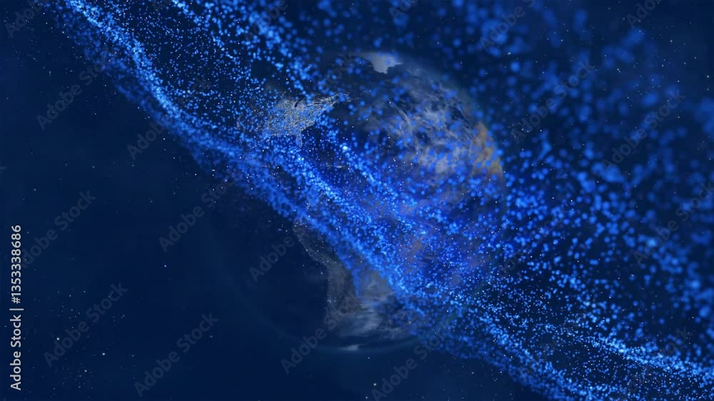 Poster animation of blue particles swirling around globe, creating digital network effect