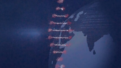 Animation of DNA strand and binary coding over digital globe in blue and red tones - Powered by Adobe