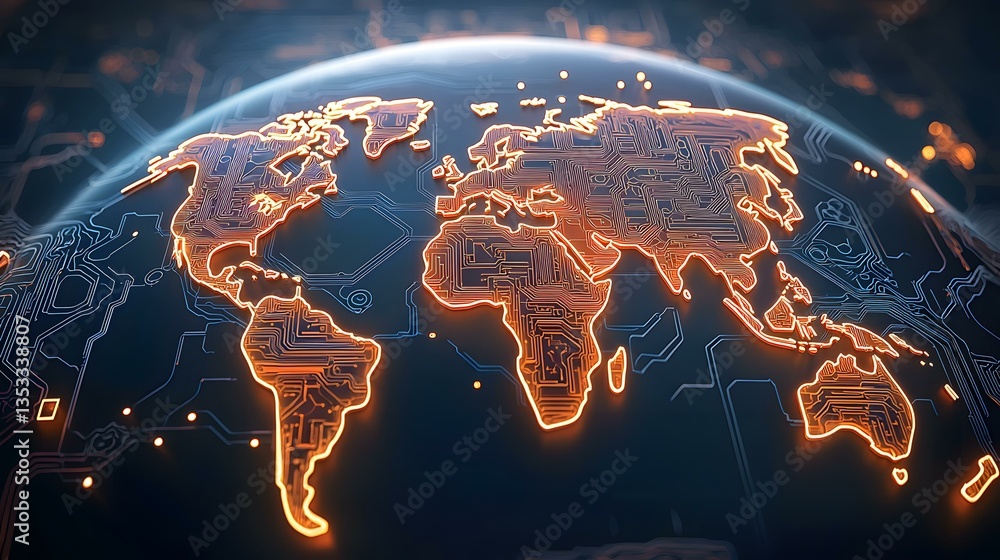 Poster a digital rendering of a world map depicted as an illuminated circuit board, emphasizing global inte