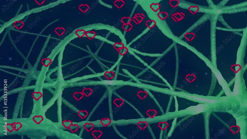 Poster animation of neural network with red heart icons scattered throughout school setting