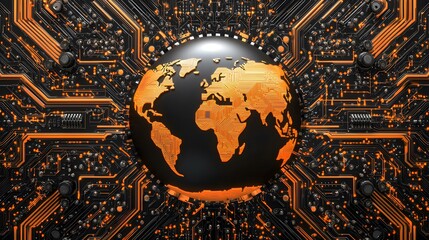 A black globe with orange circuitry depicting the continents sits in the center of a complex, glowing orange and black circuit board.