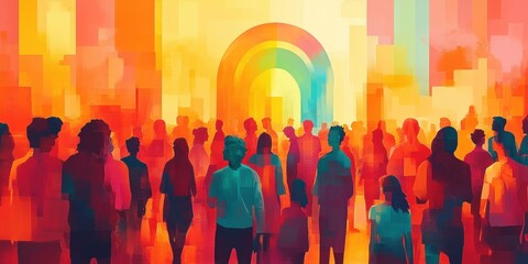 Pride Parade Celebration with Rainbow Flags and Colorful People