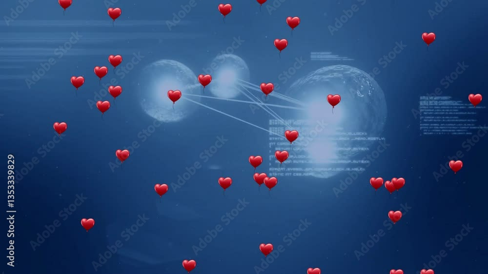 Poster animation of red heart balloons floating over digital network on blue background