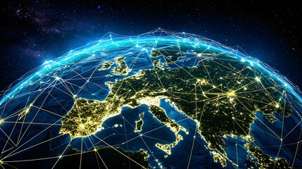 The image shows a digitally enhanced view of Earth at night, focusing on Europe.  City lights illuminate the landmasses, overlaid with a network of glowing lines illustrating global interconnectednes