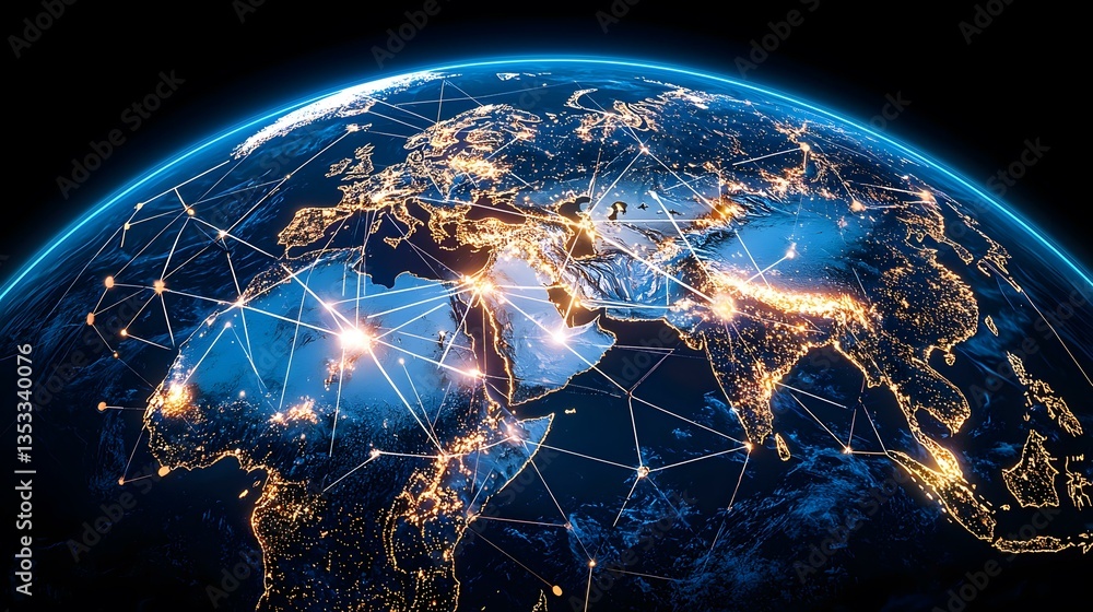 Poster the image shows a nighttime view of earth, with city lights illuminated. a network of interconnected