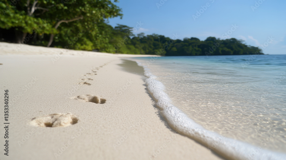 Aufkleber tranquil beach scene with gentle waves lapping at shore, featuring soft white sand and lush greenery