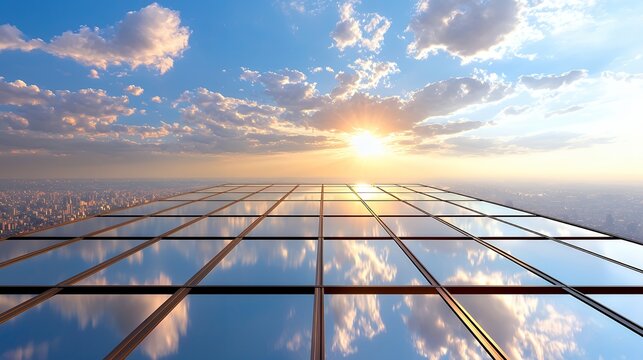 Skyline City View Reflected in Glass Building Rooftop at Sunset