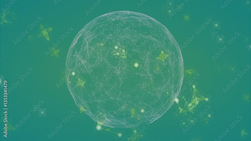 Poster glowing green sphere with interconnected lines and abstract shapes in animation