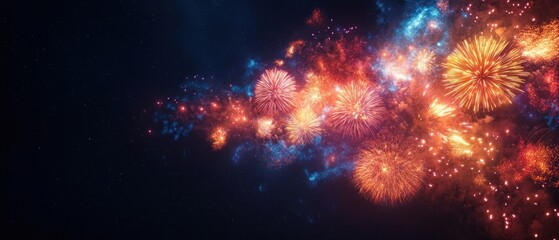 Vibrant Celebratory Fireworks Display in Night Sky with Colorful Explosions and Free Space for Text