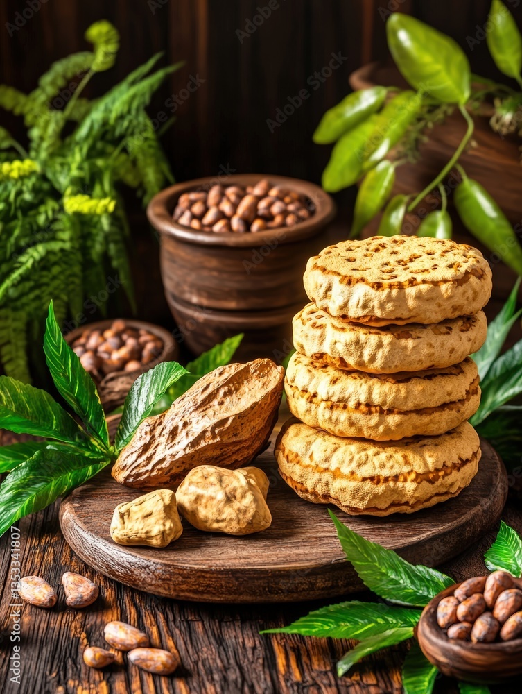 Poster a stack of pale yellow round cookies on a rustic wooden board surrounded by cocoa beans pods and lus