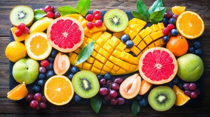 Fresh and Colorful Fruit Platter Display on Dark Wooden Table