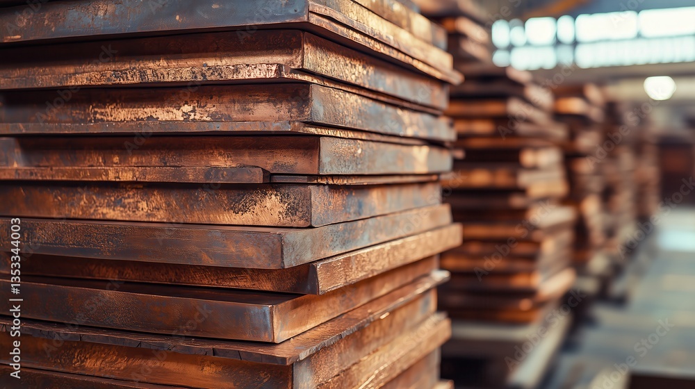 Poster close-up view of brown usage copper sheets stacked neatly in a warehouse for industrial applications
