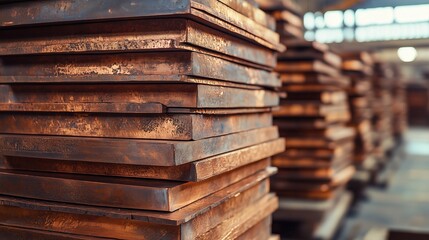 Naklejka premium Close-up View of Brown Usage Copper Sheets Stacked Neatly in a Warehouse for Industrial Applications and Metalworking Projects