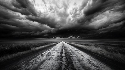Monochrome Road Under a Dramatic Sky: A Journey into the Unknown