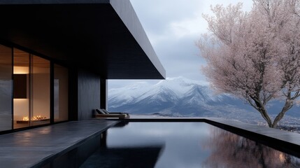 Modern home with mountain views and infinity pool.  Large, dark exterior, panoramic vista of snow-capped mountains, elegant landscaping, tranquil atmosphere