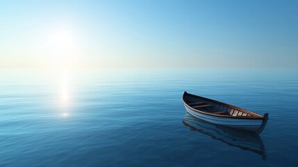 Fototapeta premium A solitary boat floats peacefully on a calm sea under a bright sky