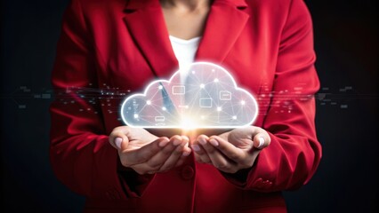 Business time notify. Woman in red blazer holds glowing digital cloud in her hands against a dark background. The cloud symbol is detailed, showing