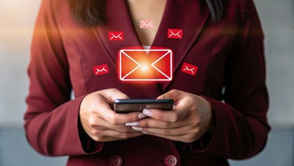 Business time notify. Woman in a maroon blazer checks her smartphone. Red glowing email icons float above the device, indicating new messages. Soft