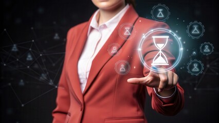 Business time notify. Woman in red blazer interacts with a digital hourglass interface, surrounded by glowing icons, against a dark background with