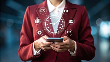 Business time notify. Woman in red blazer uses smartphone, glowing clock and application icons surround the device. Dark blurred city background. 