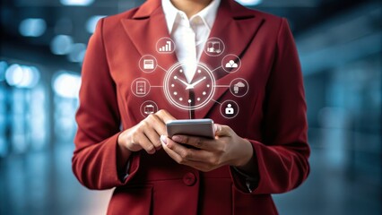Business time notify. Woman in red blazer uses smartphone, glowing clock and icons appear, suggesting time management and efficiency. Blurred city