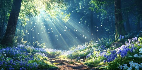 Obraz premium A serene forest scene with sunlight streaming through trees, illuminating a vibrant carpet of blue flowers.