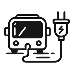Minimalist vector illustration of an electric public bus connected to a power plug for charging. Green energy concept