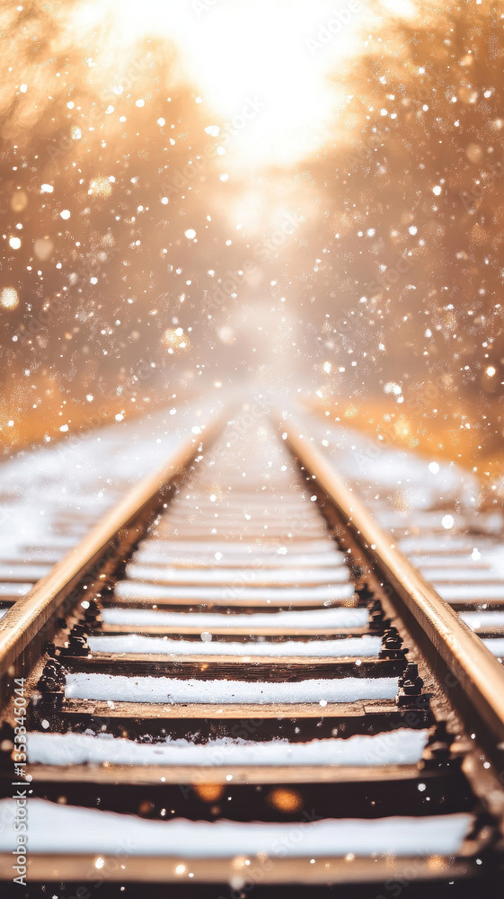 Poster serene winter snowfall blankets railway track, creating nostalgic atmosphere. soft light filters thr
