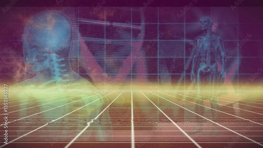 Poster animation of digital grid with human anatomy and data in futuristic style