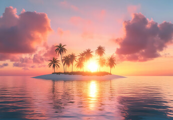 Tropical Island Sunset with Palm Trees and Calm Blue Waters
