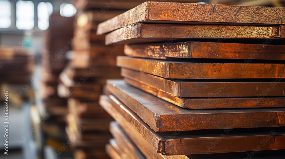 Poster stacked copper sheets in workshop with soft lighting, showcasing material texture and industrial set