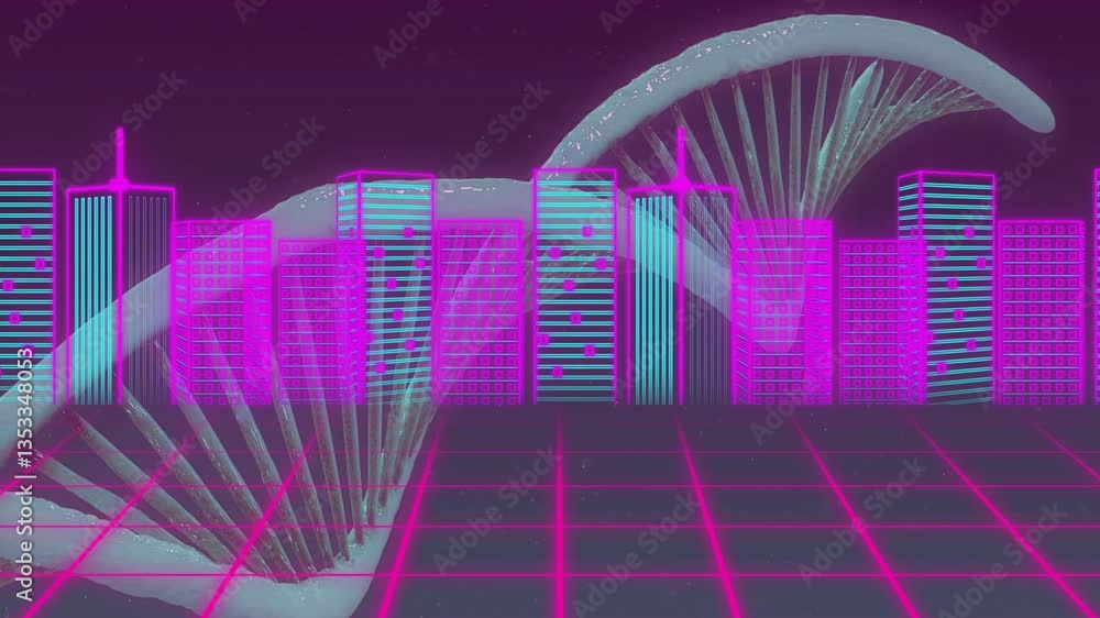 Poster retro-futuristic animation of neon cityscape with dna strand and grid pattern